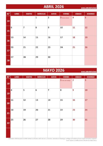 Calendario abril y mayo 2026 para imprimir en 1 página vertical, plantilla rojo (PDF y JPG)