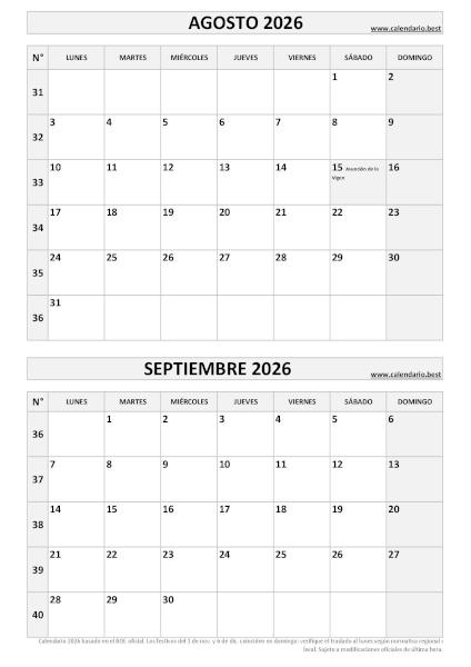 Calendario agosto y septiembre 2026 para imprimir en 1 página vertical, plantilla blanco y negro (PDF y JPG)