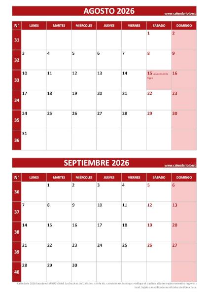 Calendario agosto y septiembre 2026 para imprimir en 1 página vertical, plantilla rojo (PDF y JPG)