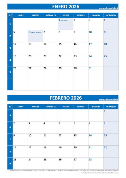 Calendario enero y febrero 2026 para imprimir en 1 página vertical, plantilla azul (PDF y JPG)