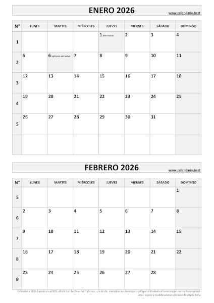 Calendario enero y febrero 2026 para imprimir en 1 página vertical, plantilla blanco y negro (PDF y JPG)