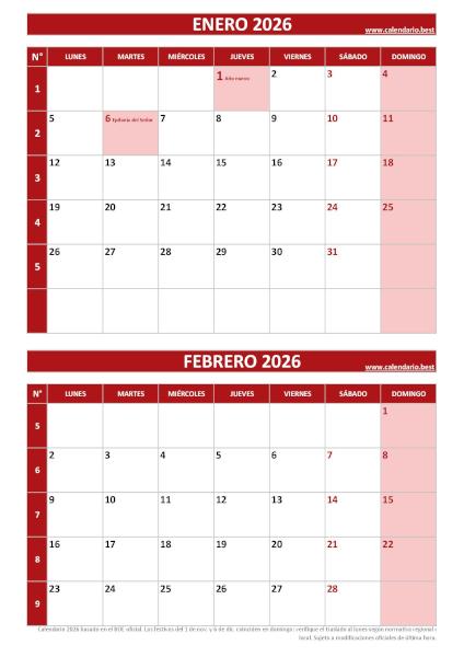 Calendario enero y febrero 2026 para imprimir en 1 página vertical, plantilla rojo (PDF y JPG)