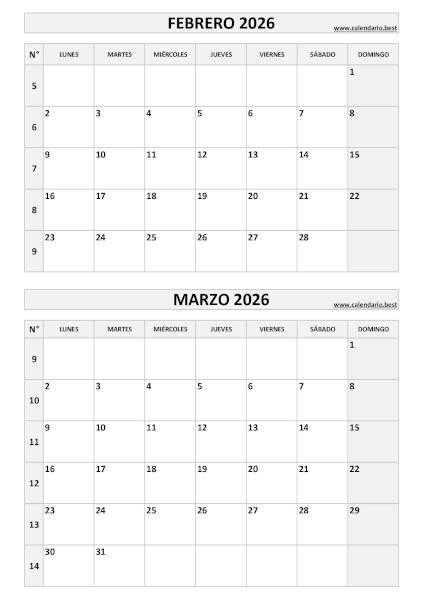 Calendario febrero y marzo 2026 para imprimir en 1 página vertical, plantilla blanco y negro (PDF y JPG)