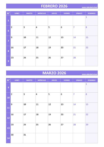 Calendario febrero y marzo 2026 para imprimir gratis, diseño violeta elegante vertical (PDF y JPG)
