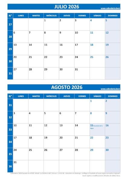 Calendario julio y agosto 2026 para imprimir en 1 página vertical, plantilla azul (PDF y JPG)