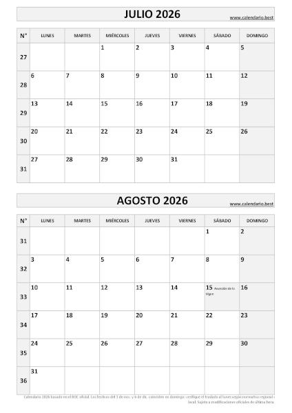 Calendario julio y agosto 2026 para imprimir en 1 página vertical, plantilla blanco y negro (PDF y JPG)
