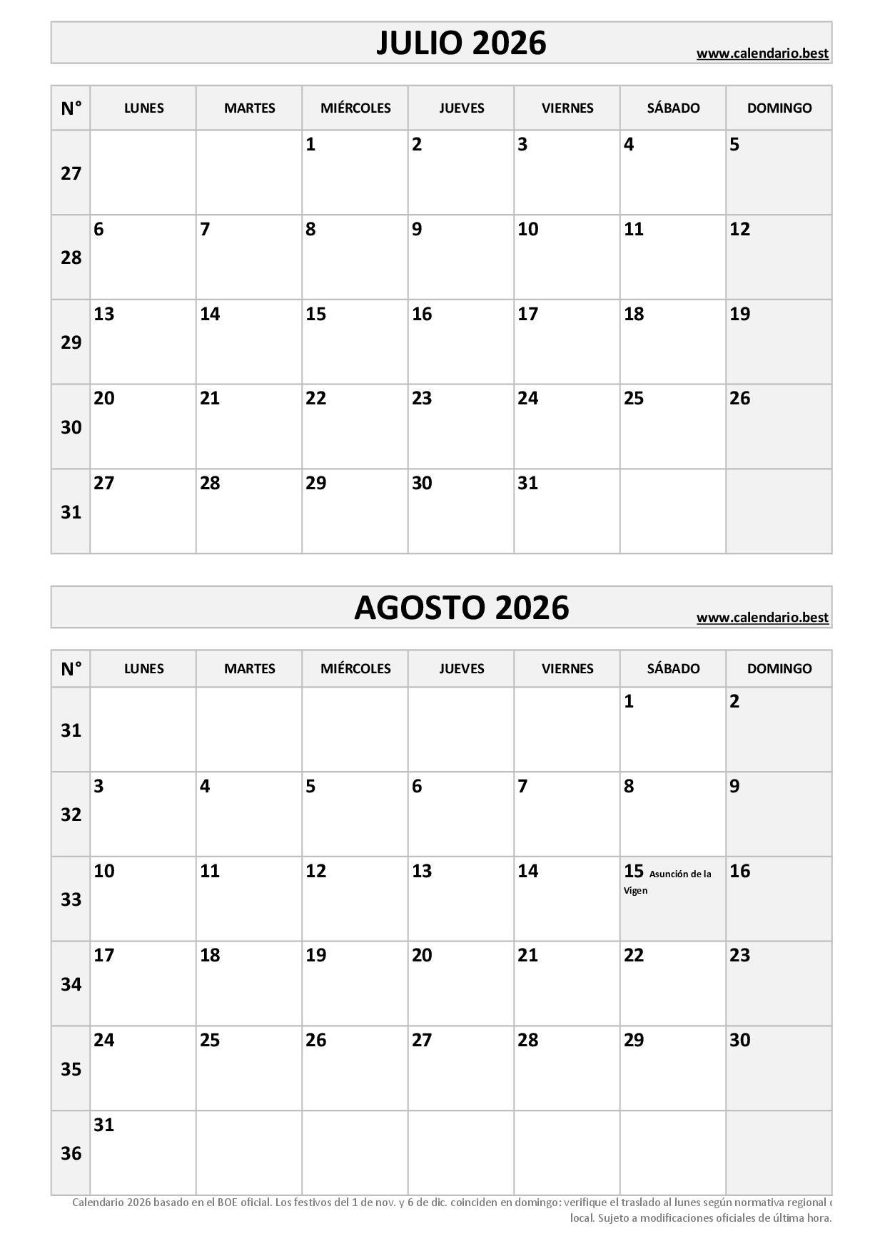 Calendario Julio Y Agosto 2026 Para Imprimir PDF Y JPG 
