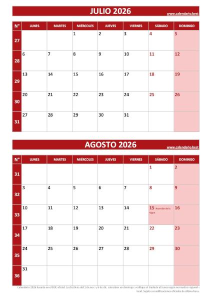 Calendario julio y agosto 2026 para imprimir en 1 página vertical, plantilla rojo (PDF y JPG)