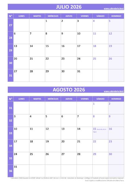 Calendario julio y agosto 2026 para imprimir gratis, diseño violeta elegante vertical (PDF y JPG)