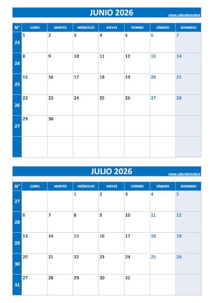 Calendario junio y julio 2026 para imprimir en 1 página vertical, plantilla azul (PDF y JPG)