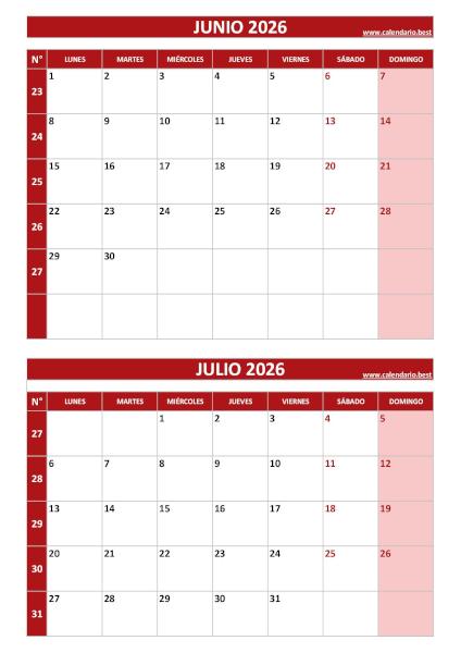 Calendario junio y julio 2026 para imprimir en 1 página vertical, plantilla rojo (PDF y JPG)