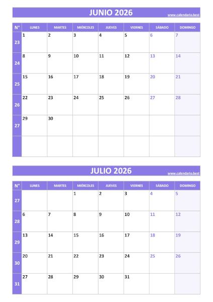 Calendario junio y julio 2026 para imprimir gratis, diseño violeta elegante vertical (PDF y JPG)