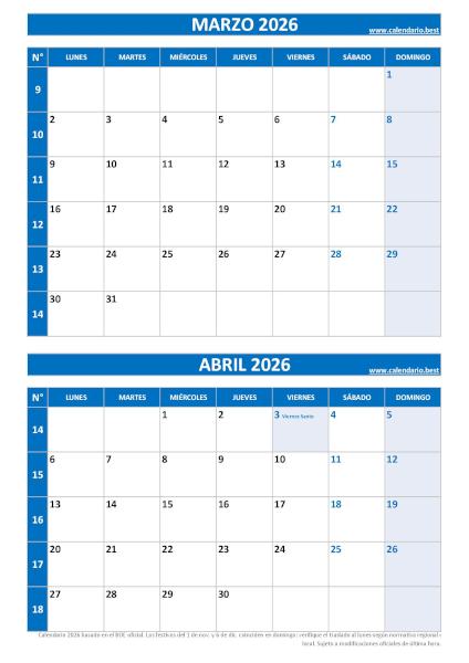 Calendario 2 meses por hoja marzo y abril 2026 formato retrato