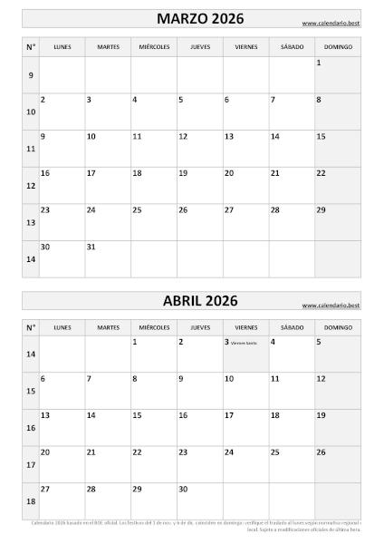 Calendario marzo y abril 2026 para imprimir en 1 página vertical, plantilla blanco y negro (PDF y JPG)