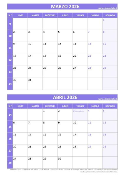 Calendario marzo y abril 2026 para imprimir gratis, diseño violeta elegante vertical (PDF y JPG)