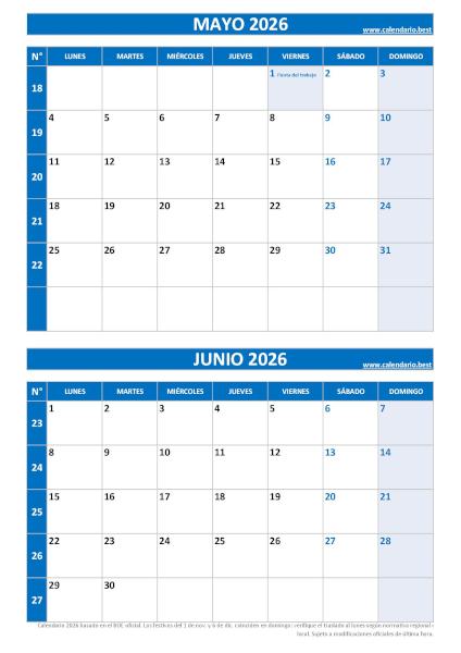 Calendario mayo y junio 2026 para imprimir en 1 página vertical, plantilla azul (PDF y JPG)