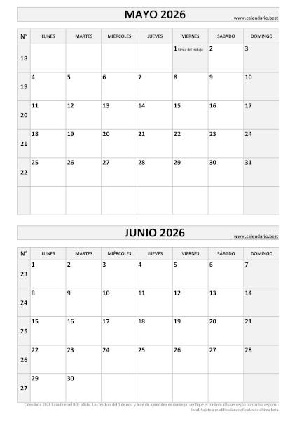 Calendario mayo y junio 2026 para imprimir en 1 página vertical, plantilla blanco y negro (PDF y JPG)