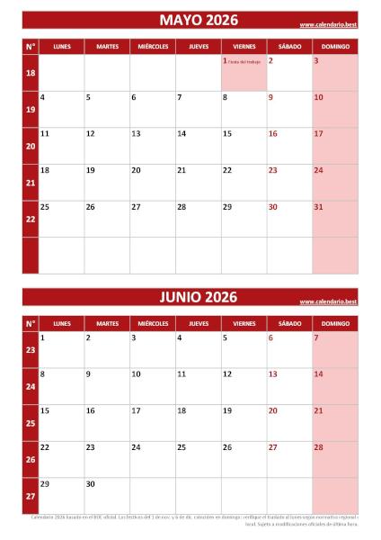 Calendario mayo y junio 2026 para imprimir en 1 página vertical, plantilla rojo (PDF y JPG)