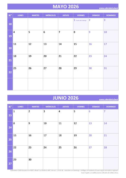 Calendario mayo y junio 2026 para imprimir gratis, diseño violeta elegante vertical (PDF y JPG)