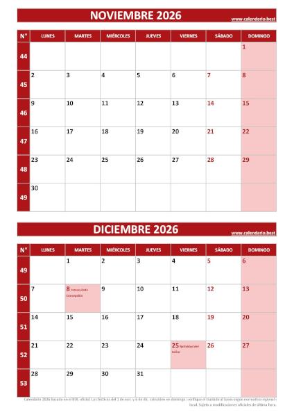 Calendario noviembre y diciembre 2026 para imprimir en 1 página vertical, plantilla rojo (PDF y JPG)