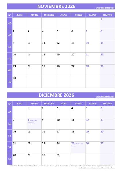 Calendario noviembre y diciembre 2026 para imprimir gratis, diseño violeta elegante vertical (PDF y JPG)