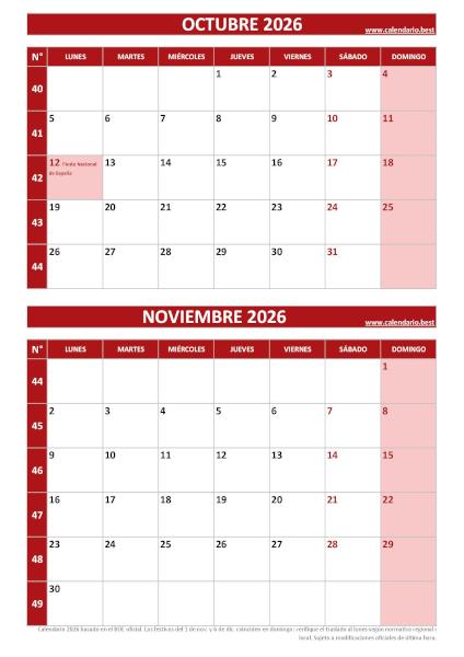 Calendario octubre y noviembre 2026 para imprimir en 1 página vertical, plantilla rojo (PDF y JPG)
