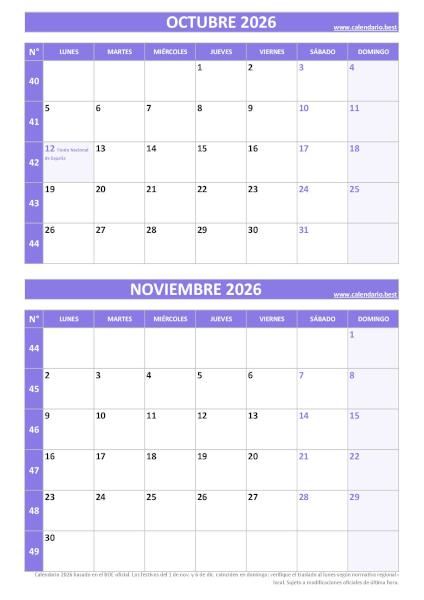 Calendario octubre y noviembre 2026 para imprimir gratis, diseño violeta elegante vertical (PDF y JPG)