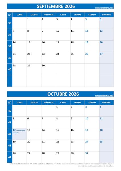 Calendario septiembre y octubre 2026 para imprimir en 1 página vertical, plantilla azul (PDF y JPG)