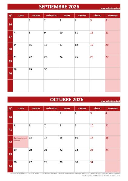 Calendario septiembre y octubre 2026 para imprimir en 1 página vertical, plantilla rojo (PDF y JPG)