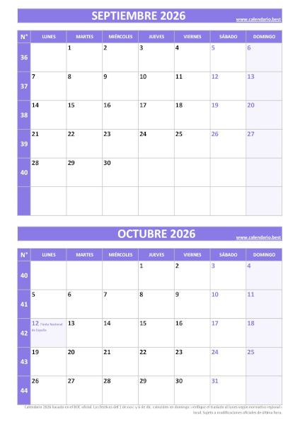 Calendario septiembre y octubre 2026 para imprimir gratis, diseño violeta elegante vertical (PDF y JPG)