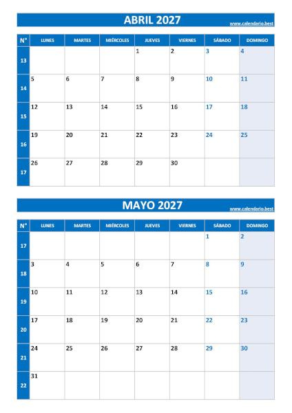 Calendario abril y mayo 2027 para imprimir en 1 página vertical, plantilla azul (PDF y JPG)