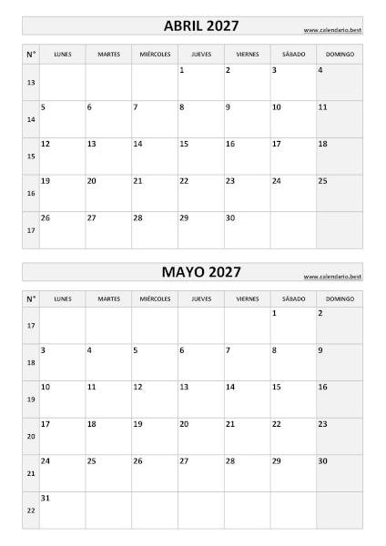 Calendario vertical de abril y mayo de 2027 en blanco y negro con números de semana ISO