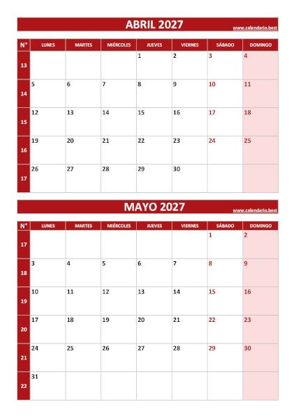 Calendario abril y mayo 2027 para imprimir en 1 página vertical, plantilla roja (PDF y JPG)