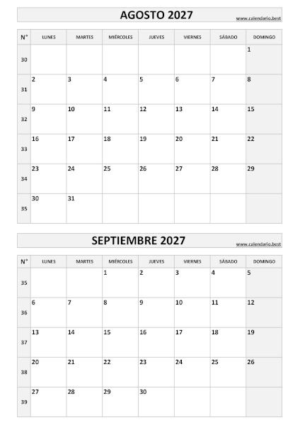 Calendario vertical de agosto y septiembre de 2027 en blanco y negro con números de semana ISO