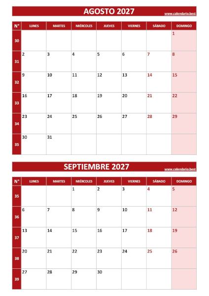 Calendario agosto y septiembre 2027 para imprimir en 1 página vertical, plantilla roja (PDF y JPG)