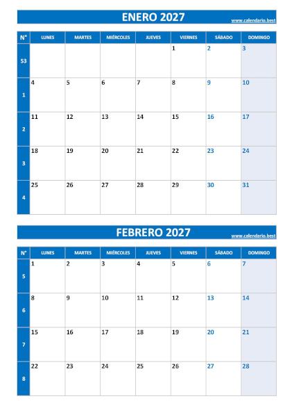 Calendario de enero y febrero 2027 en formato vertical azul para imprimir