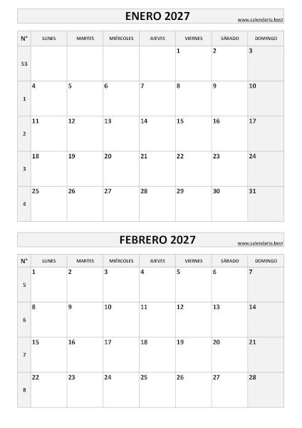 Calendario vertical de enero y febrero de 2027 en blanco y negro con números de semana ISO