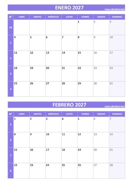 Calendario enero y febrero 2027 para imprimir gratis, diseño violeta elegante vertical (PDF y JPG)