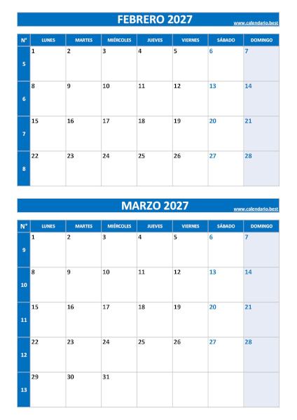 Calendario febrero y marzo 2027 para imprimir en 1 página vertical, plantilla azul (PDF y JPG)