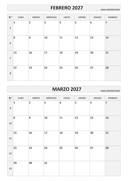 Calendario vertical de febrero y marzo de 2027 en blanco y negro con números de semana ISO