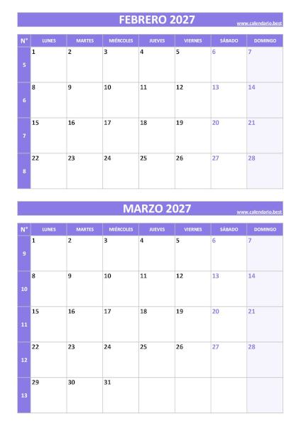 Calendario febrero y marzo 2027 para imprimir gratis, diseño violeta elegante vertical (PDF y JPG)
