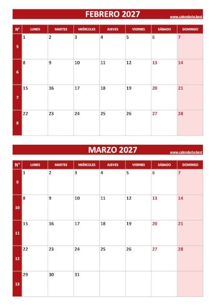 Calendario de febrero y marzo 2027 en formato vertical rojo para imprimir