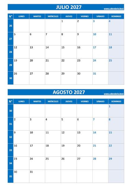 Calendario julio y agosto 2027 para imprimir en 1 página vertical, plantilla azul (PDF y JPG)