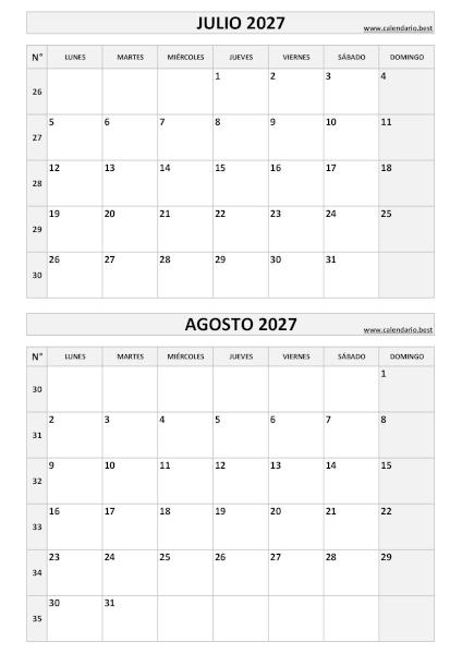 Calendario vertical de julio y agosto de 2027 en blanco y negro con números de semana ISO