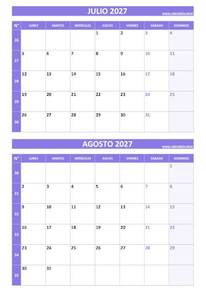 Calendario julio y agosto 2027 para imprimir gratis, diseño violeta elegante vertical (PDF y JPG)