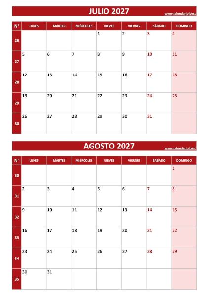Calendario julio y agosto 2027 para imprimir en 1 página vertical, plantilla roja (PDF y JPG)