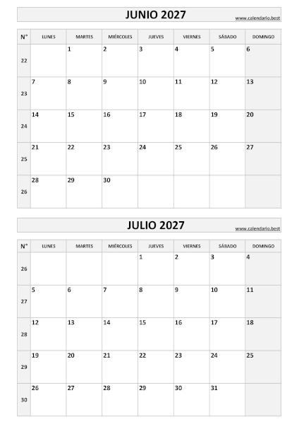 Calendario vertical de junio y julio de 2027 en blanco y negro con números de semana ISO