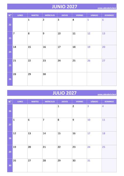 Calendario junio y julio 2027 para imprimir gratis, diseño violeta elegante vertical (PDF y JPG)