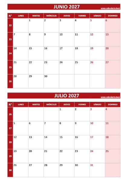Calendario junio y julio 2027 para imprimir en 1 página vertical, plantilla roja (PDF y JPG)