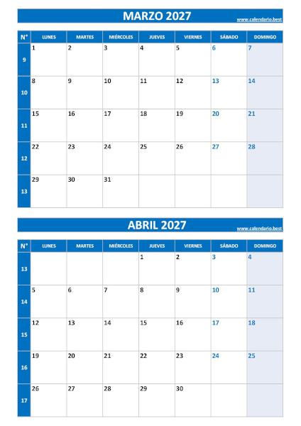 Calendario marzo y abril 2027 para imprimir en 1 página vertical, plantilla azul (PDF y JPG)